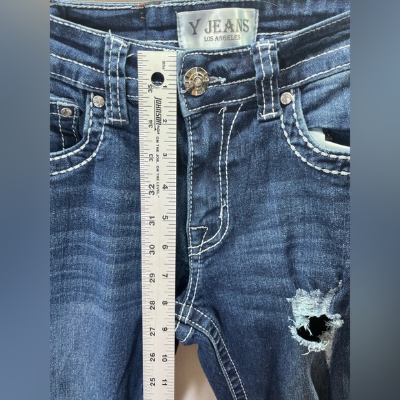 Y Jeans Distressed Bootcut Jeans Womens 3/4 Pants Blue Denim Stretch Pocket 2134 - Picture 5 of 10